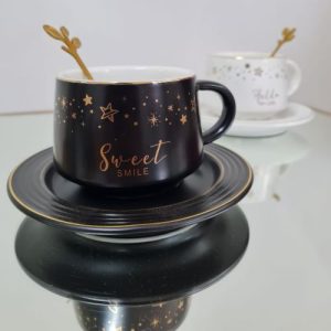 Pocillo y plato de porcelana sweet smile cuchara oro Decoart