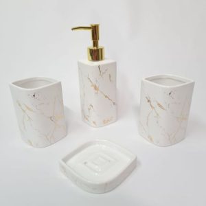 Set accesorios organizador baño cerámica x4 blanco oro Decoart